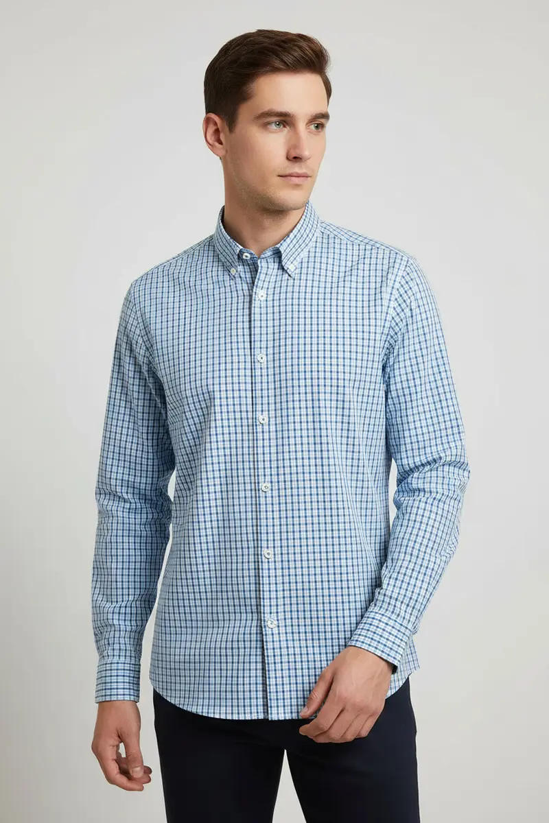 Camicia Uomo Classica Regular Fit Celeste e Blu Scuro
